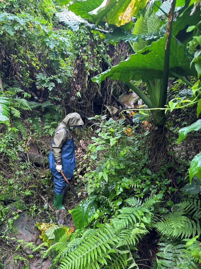 《圖說》稽查人員為找出破壞環境元兇，前往地勢高聳、草木叢生之區域找尋可疑污染源。〈環保局提供〉