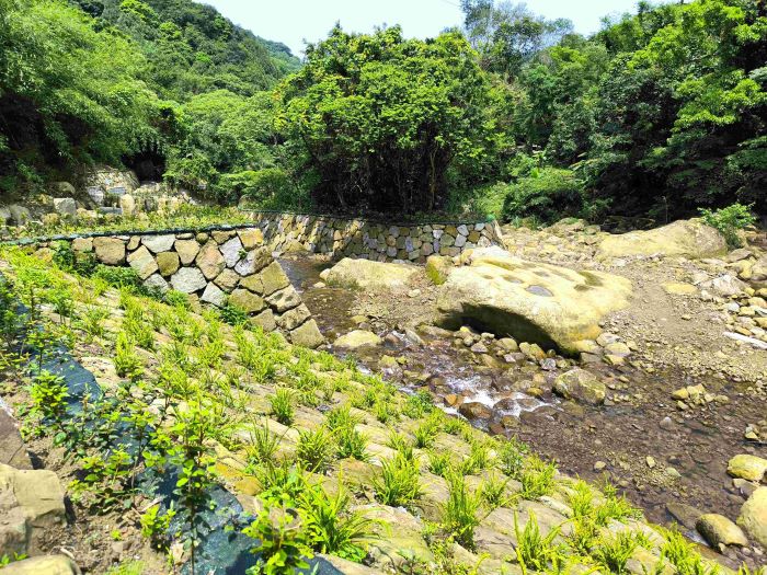 《圖說》「三峽區安坑里鹿母潭溪5月豪雨災害復建工程」採用就地取材，利用巨石與砌石間的孔隙營造多樣化棲地。〈農業局提供〉