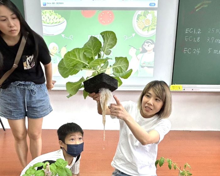 《圖說》教師示範解說水耕種植蔬菜。〈教育局提供〉