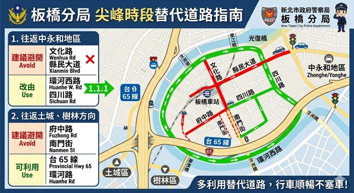 《圖說》替代道路改道建議圖。〈板橋分局提供〉