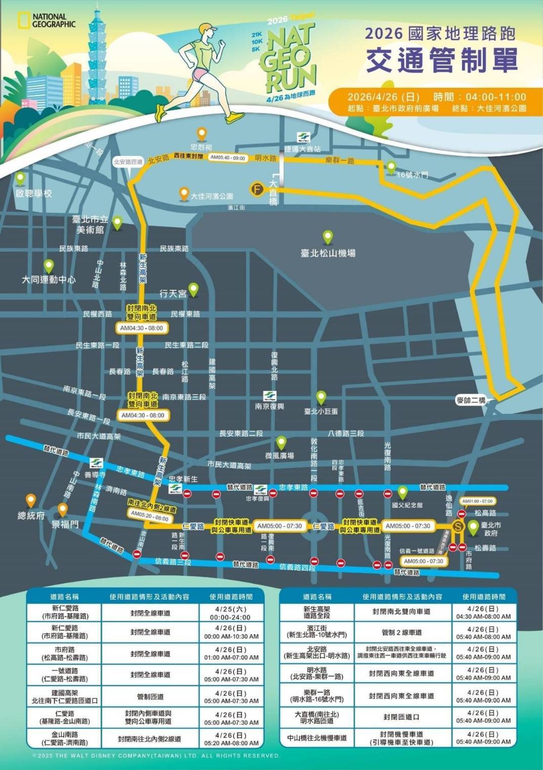 2026 NAT GEO RUN國家地理路跑  活動週日登場  相關交通管制措施  請用路人提前改道行駛