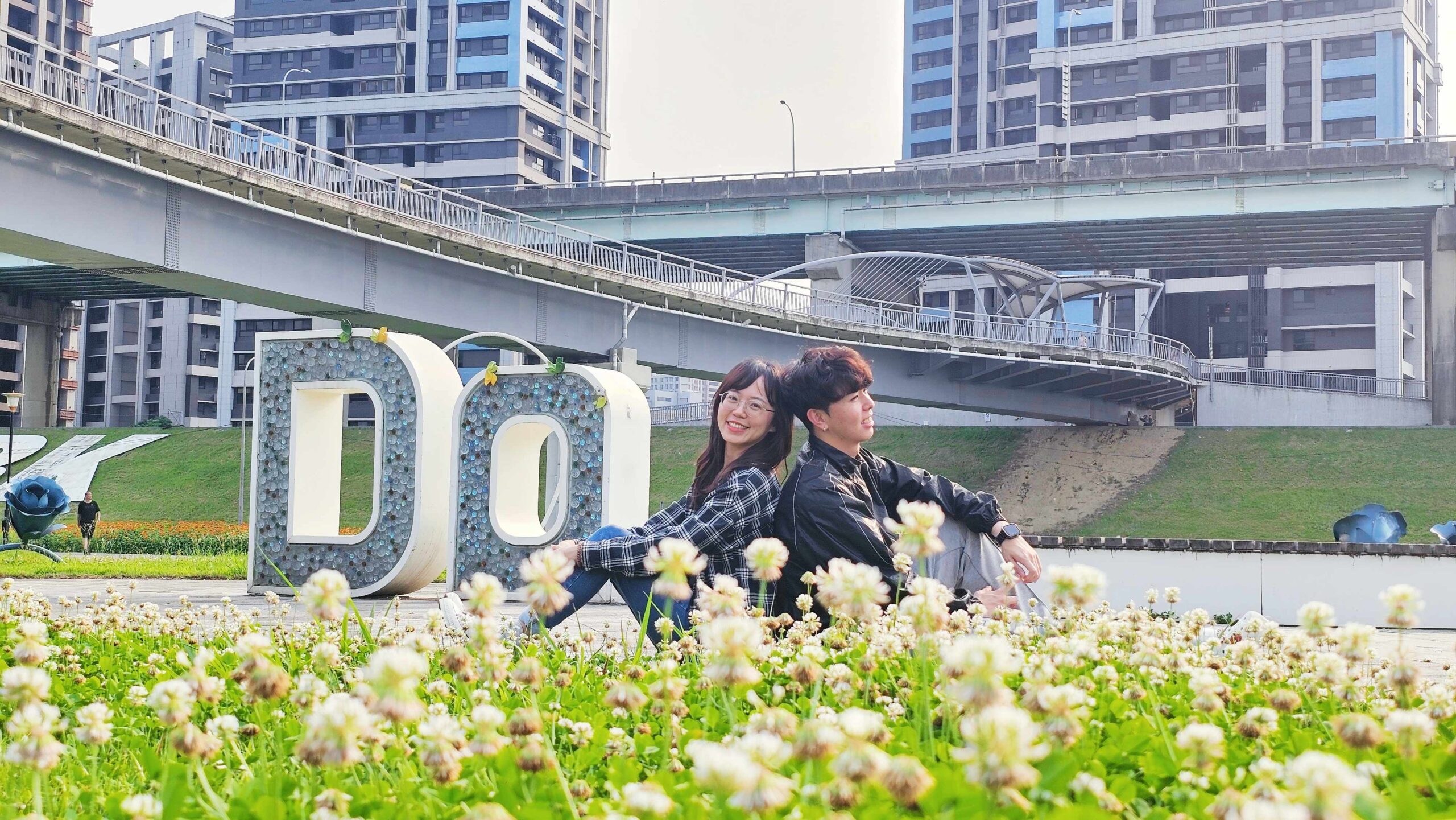 《圖說》來新北大都會公園與白花三葉草旁甜蜜合影。〈高灘處提供〉