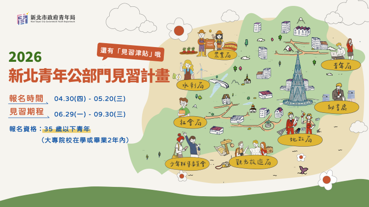 《圖說》新北市青年局今年首度與觀光旅遊局、社會局、地政局等8個局處合作「115年度青年公部門見習計畫」。〈青年局提供〉