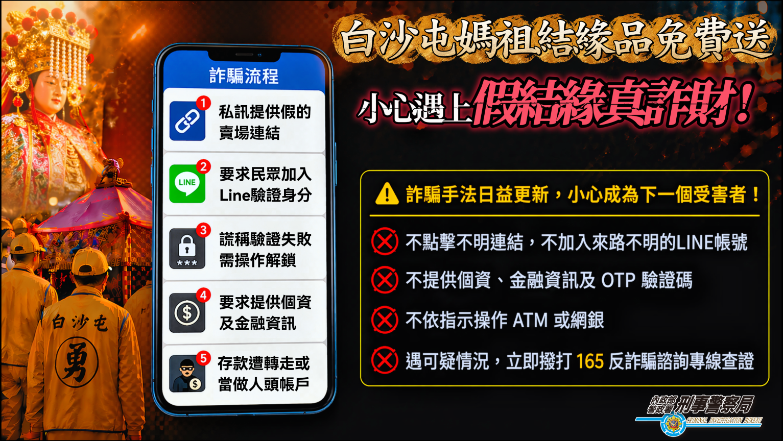 詐團盯上媽祖繞境  刑事警察局示警  留意假宮廟名義詐騙手法  冷靜查證才能保住財產