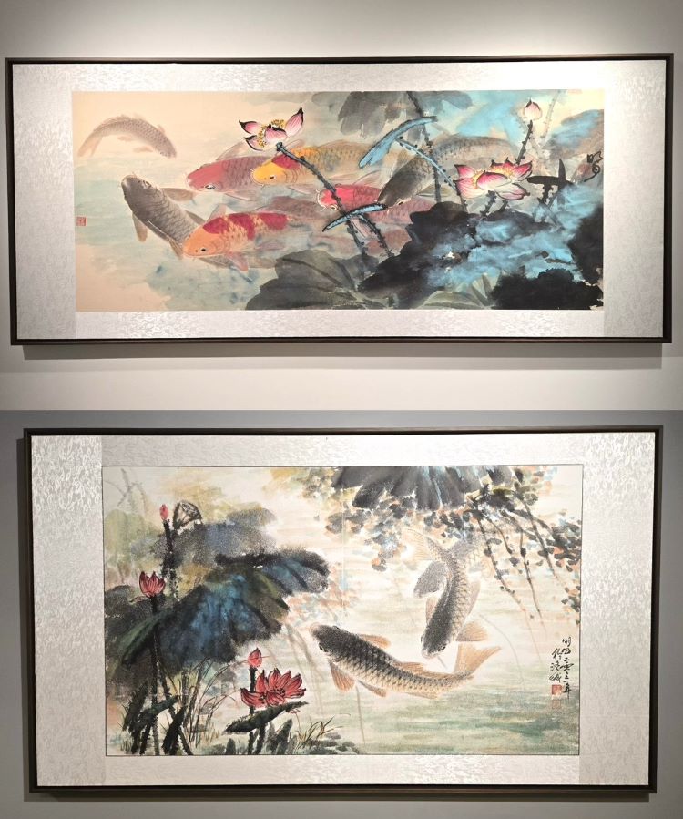 《圖說》明月法師長年以筆墨為修行之道，其作品不僅再現自然萬象，更將內在體悟融入筆端，使畫面呈現出沉靜深遠、空靈澄明的境界。魚游自在、荷花清淨、山水開闊，皆寓意生命回歸本性時的安住與解脫，展現「照見萬象」的心性光明。〈主辦單位提供〉